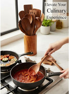 12-Piece Natural Teak Wood Utensil Set with Holder & Rest - Nonstick Cooking Spoons, Spurtles, Heat Resistant Tools