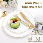 Festiva 350Pcs Gold Plastic Plates - White and Gold Dinnerware Set Disposable include 10" & 7" Plates,Cups,Silverware,Napkins -serve 50 Guests Perfect for Wedding& Easter&Birthday Party