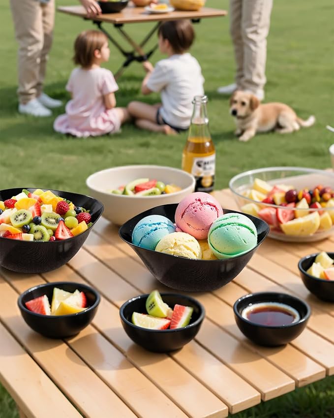 bUCLA 50Pack Black Plastic Serving Bowls - 16oz Disposable Serving Bowls for Dessert/Ice Cream/Salsa/Snack/Candy, Ideal for Party & Graduation
