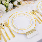 I00000 700Pcs Gold Dinnerware Set for 100 Guests, Plastic Plates for Party, Include: 100 Rim Dinner Plate, 100 Dessert Plate, 100 Paper Napkins, 100 Cups, 100 Gold Plastic Silverware Set