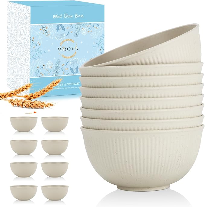 Wrova Wheat Straw Bowl Sets of 8,Unbreakable Cereal Bowl 26 OZ,Microwave and Dishwasher Safe Bowls,Kids Bowl suitable for Cereal,Salad,Snack and Soup. Winter-Snow Series