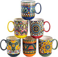 Henten Home Porcelain Coffee Mug Set of 6, 14 oz Colorful Latte Cup with Handle, Boho Ceramic Mug for Hot Chocolate, Milk, Tea, Cappuccino, Cocoa, Microwave & Dishwasher Safe