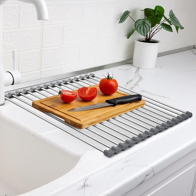 Zulay Kitchen Over The Sink Dish Drying Rack, Roll Up Heavy Duty Stainless Steel Design for Easy Storage & Durability | Dishwasher Safe 17.5” x 12.5