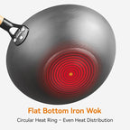 12.6" Carbon Steel Wok Pan, Flat Bottom Stir Fry Wok with Spiral Thread Interior, Coating‑Free Naturally Seasoning Wok, Compatible with Gas, Electric & Induction Cooktops