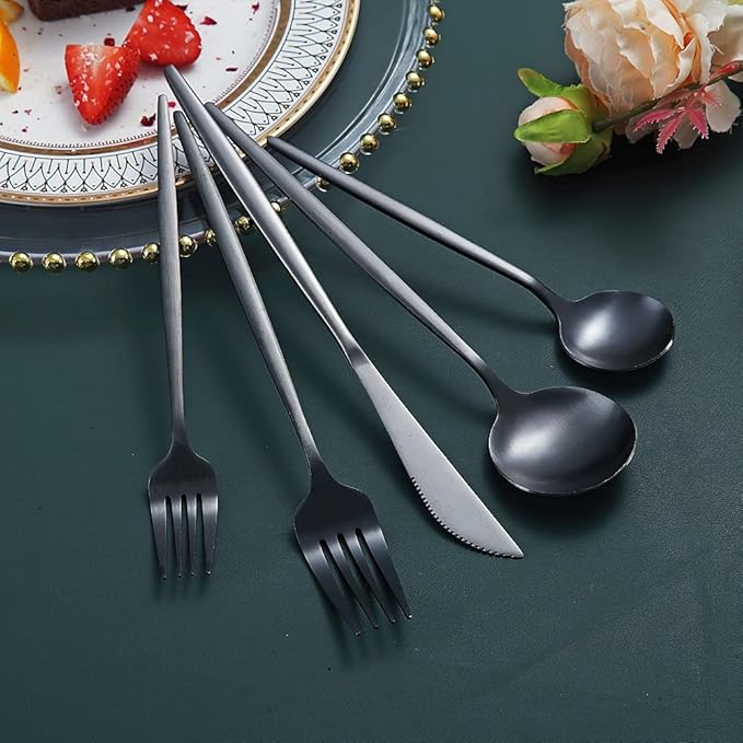 Stainless Steel Flatware Set, Titanium Plated, 20-Piece Matte Black Service Set for 4