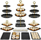 Pack of 10 NWK Cake Stand Set, with 3 x Two-Tier and 3 x Three-Tier Cupcake Stands, 4 x Appetizer Trays, 1 x Tablecloth for Birthday Bridal Baby Shower Party (Black)