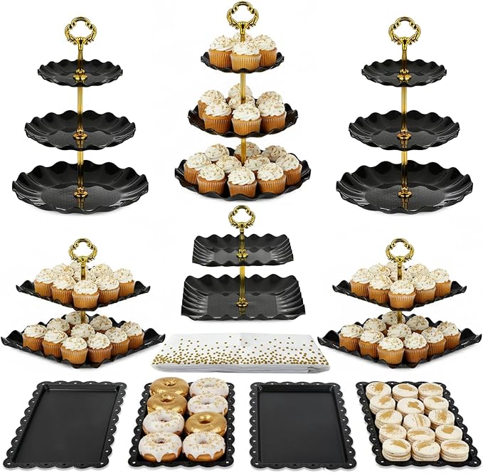Pack of 10 NWK Cake Stand Set, with 3 x Two-Tier and 3 x Three-Tier Cupcake Stands, 4 x Appetizer Trays, 1 x Tablecloth for Birthday Bridal Baby Shower Party (Black)