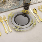 Nervure 175pcs Clear Black Plastic Plates - Gold Plastic Dinnerware Set for 25 Guests include 50 Disposable Plates,75 Gold Silverware,25 Cups,25 Napkins Perfect for Party&Independence Day