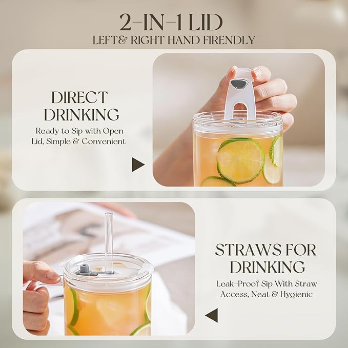 KEMORELA 2-Pack 26oz Ribbed Glass Tumblers with Handle and Lid – Large Aesthetic Iced Coffee Cups with Straws, Modern Textured Glass Mugs for Smoothies, Tea, Juice & Cold Beverages, Dishwasher Safe