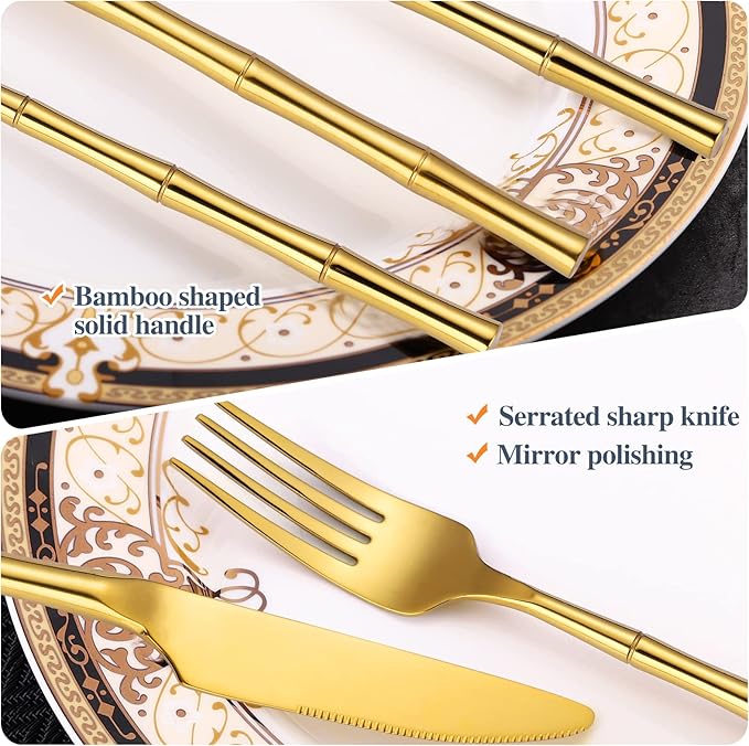 Bamboo Flatware Set Gold Silverware Set Stainless Steel Cutlery Set 20 Pieces with Bamboo Pattern Handle Hand Forged Restaurant Hotel Party Use Wedding Housewarming Gift Service for 4 Shiny Polished