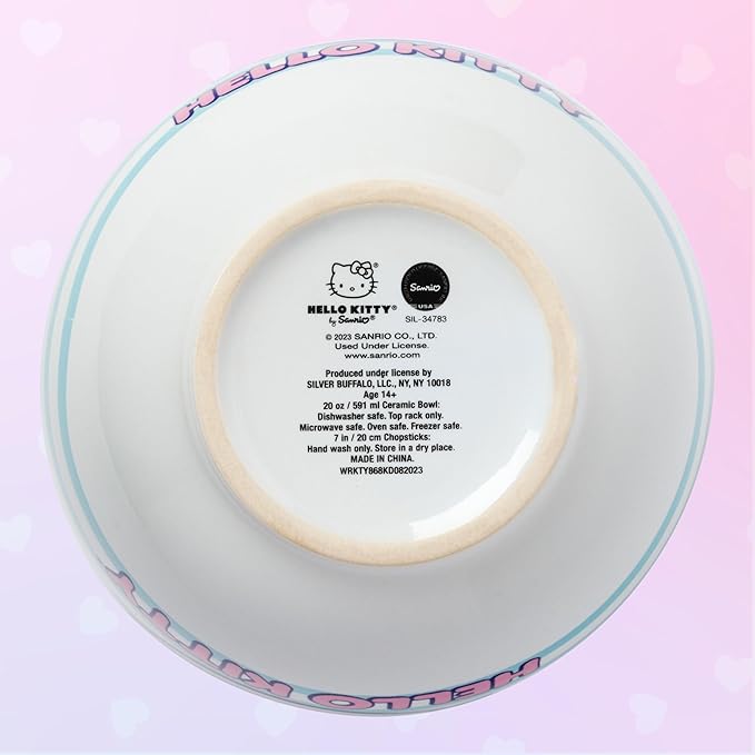 Silver Buffalo Sanrio Hello Kitty Blue and Pink Skies Ceramic Ramen Noodle Rice Bowl with Chopsticks, Microwave Safe, 20 Ounces