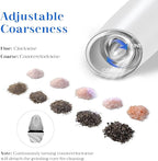 Rechargeable Electric Salt and Pepper Grinder Set, Gravity Activated, Adjustable Coarseness, LED Light, USB Charging, Ceramic Core, 150ml Transparent Hopper, Black + White