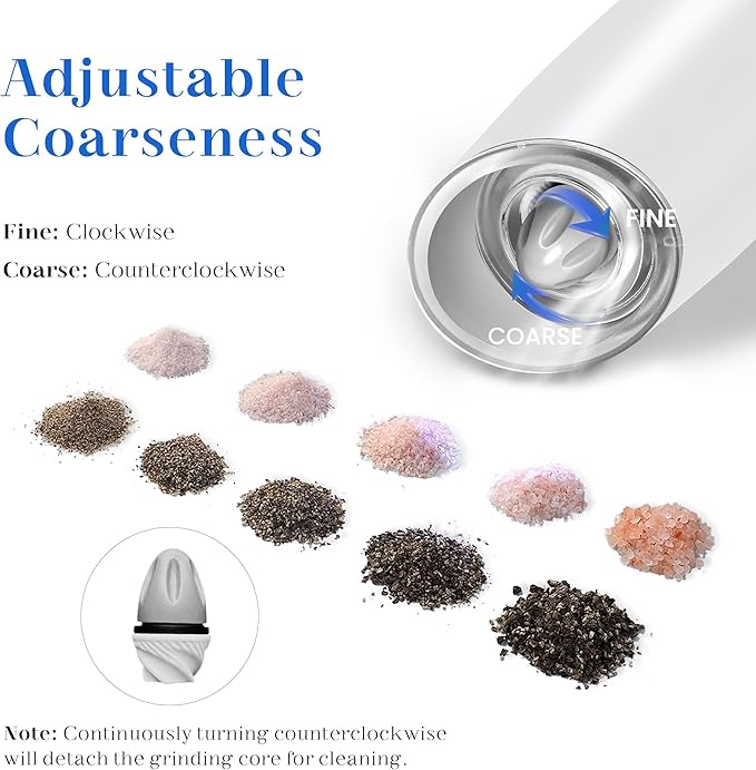 Rechargeable Electric Salt and Pepper Grinder Set, Gravity Activated, Adjustable Coarseness, LED Light, USB Charging, Ceramic Core, 150ml Transparent Hopper, Black + White