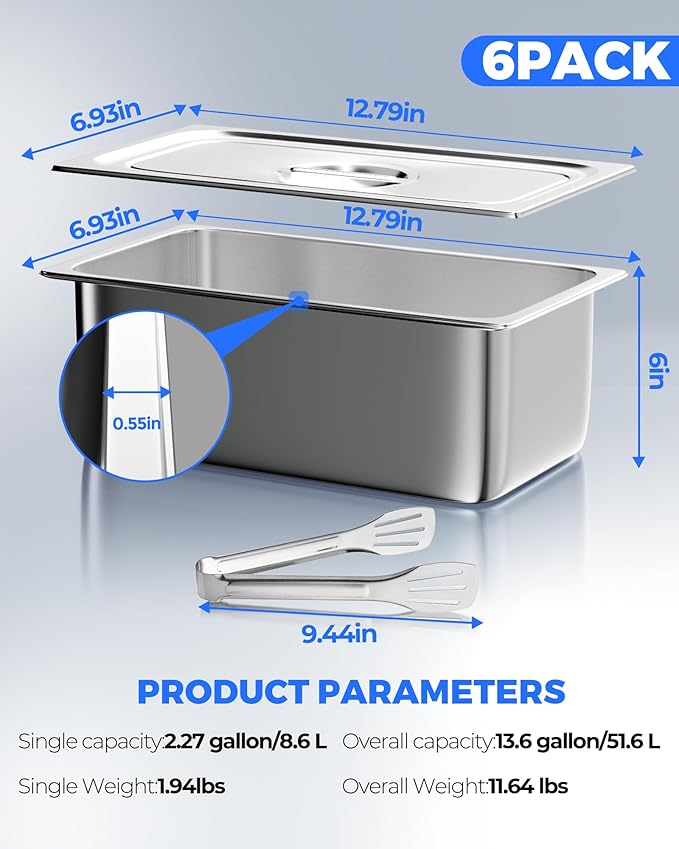 WantJoin Steam Table Hotel Pans with Lid 1/3 Third Size 6 Inch Deep 6 Pack, Thickened Stainless Steel Metal Food Storage Container Tray Set, Restaurant Chafing Dishes Commercial Buffet Warmer Catering