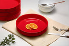 KooK Ceramic Large Pasta Bowls, Microwave and Dishwasher Safe, Great for Soups and Salads, Shallow Serving Bowls, Glossy Porcelain, 47 oz, Set of 4, Cherry Red