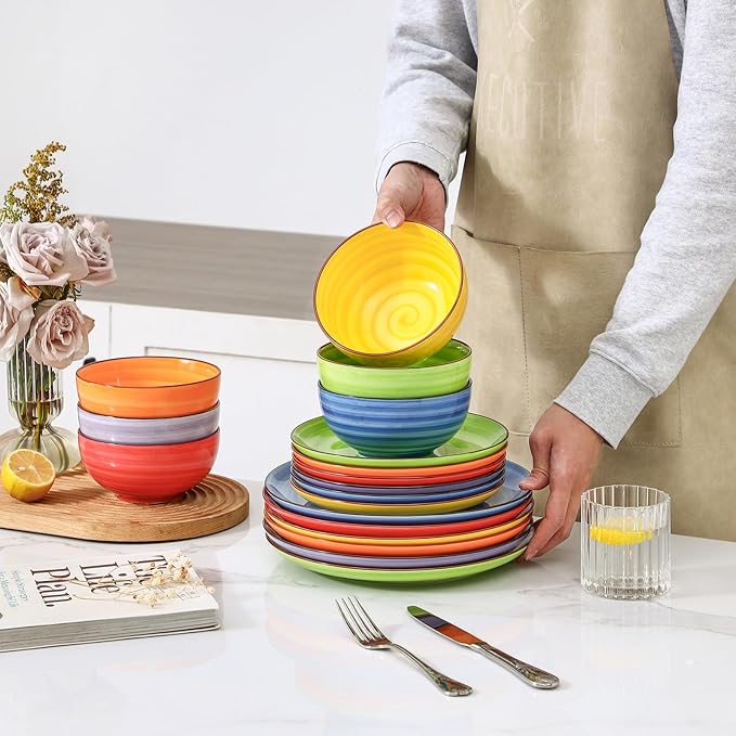 Selamica Ceramic Plates and Bowls Sets,18 Pieces Dinnerware Sets for 6,Dishwasher & Microwave Safe dish set,Family & Holiday Dining, Dopamine