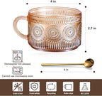 Vintage Glass Coffee Mugs Set of 2 Amber, Embossed Tea Cups with Bamboo Lids and Spoons, 14 Oz Glass Breakfast Cups for Cappccino, Latte, Yogurt, Dessert, Breakfast, Mothers Day Gifts