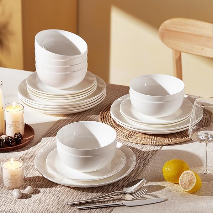 KINGSTONE 6-Piece Bone China Dinnerware Set for 2, Lightweight Porcelain Round Plates and Bowls Set, Durable Scratch Resistant Ceramic Dinner Set, Microwave & Dishwasher Safe, Ivory White