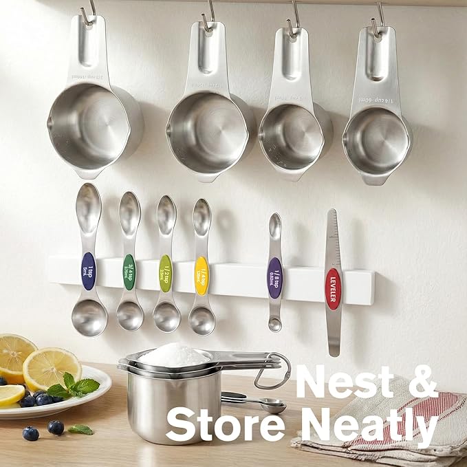 Measuring Cups and Spoons Set, 304 Stainless Steel Measuring Cups Set of 7,8 Magnetic Stainless Steel Measuring Spoons & 1 Leveler for for Measure Dry and Liquid Ingredients