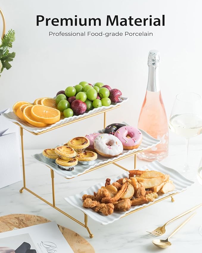 LAUCHUH 3 Tier Trays Stand, Porcelain Serving Trays Collapsible Sturdier Stand Serving Platters Dessert Table Display Set for Indoor Mother's Day Party, Entertaining, Gold, 12.2 Inch