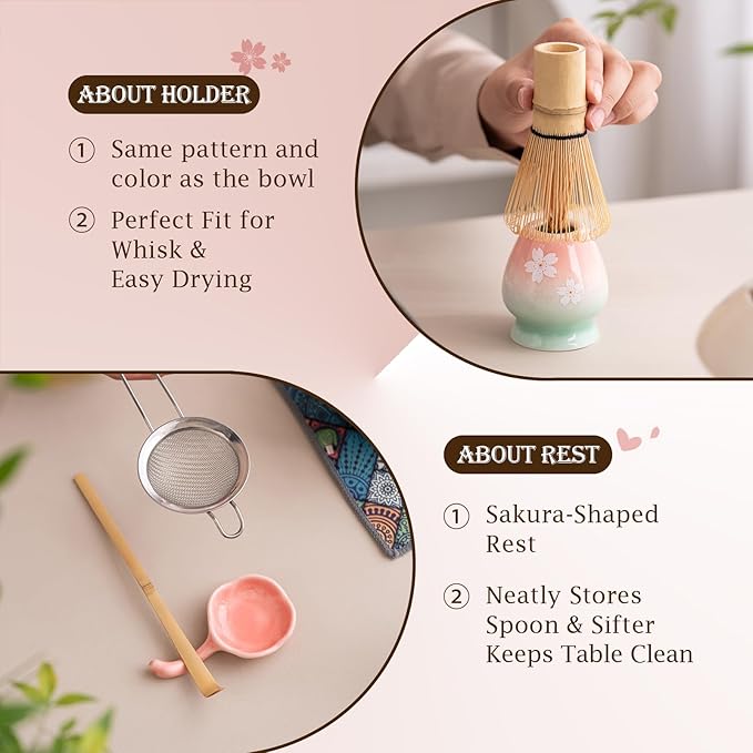 7 Pcs Matcha Whisk Set, Ceramic Matcha Bowl with Spout, Bamboo Whisk And Scoop, Stainless Steel Sifter, Ceramic Holder And Rest, Tea Towel. Full Matcha Kit Gift for Tea Lovers