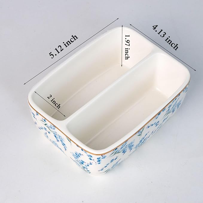 2 Compartments Ceramic Sponge Holder for Kitchen Sink, Cute Floral Countertop Dish Sponges Holder Soap Sink Organizer Farmhouse Caddy Blue Flowers