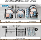iSPECLE Expandable Dish Drying Rack with Silicone Mat for Kitchen Sink or Counter, Heavy Duty Adjustable Over Sink Dish Drainer with Square Corners, Fit for Modern Single & Double Sinks, Black