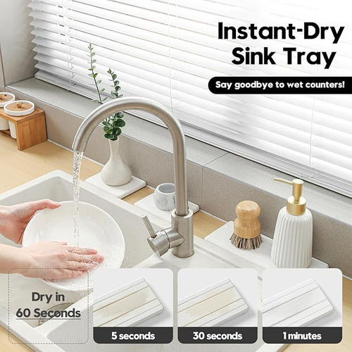 3 Pack Stone Drying Tray, Water Absorbing Stone Sink Mat for Kitchen & Bathroom Counter, Diatomite Soap Dish Vanity Caddy, Sponge Holder Organizer, White - 2pcs of 4.5"x 3.5" and 1pc of 9"x 3.5"
