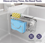 SWTYMIKI Sponge Holder for Kitchen Sink - Movable Kitchen Sink Caddy with M Shape Hook Stainless Steel Hanging Sponges Caddy Organizer in Double Bowl Sinks Depth>3.15in, Middle divider<1.5in, Silver L