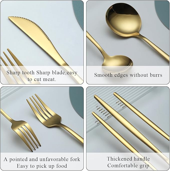 Evanda Gold Silverware Set 60 Piece Service for 12, Titanium Gold Plated Stainless Steel Flatware Set, Knives Forks Spoons Cutlery Set for Wedding, Parties, Birthday, Restauroom, Dishwasher Safe