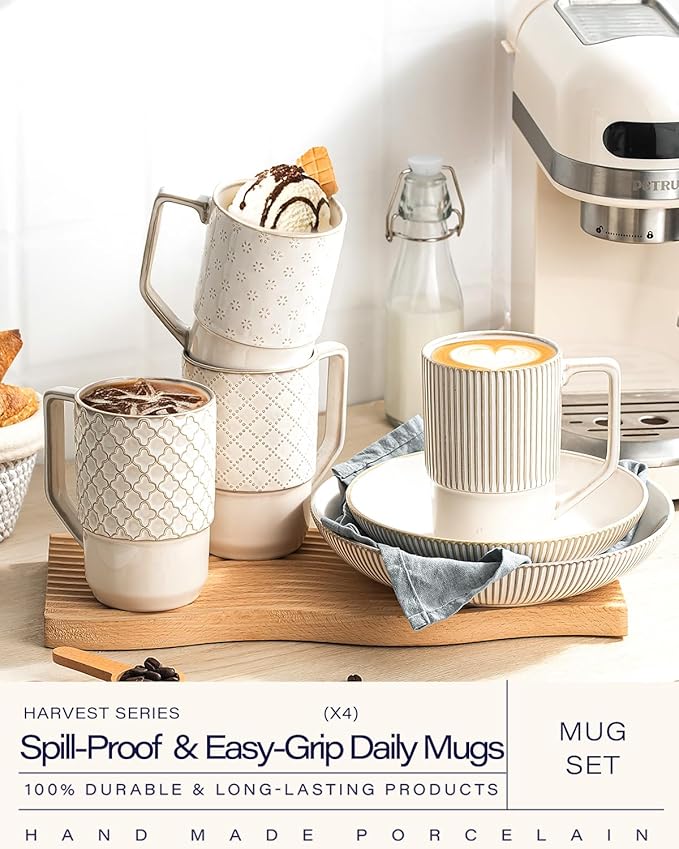 getstar Ceramic Coffee Mugs Set of 4 with Large Handles, Tall Coffee Cups 17OZ Gift Set for Men Women, Porcelain Mug for Latte, Hot Tea, Cappuccino, Milk, Cocoa, Microwave & Dishwasher Safe