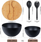 11.3" Extra Large Salad Bowl with Wooden Lid & Servers, 208Oz, Oversized Bamboo Fiber Salad Serving Set with Utensils for Home/Kitchen, Big Lightweight Bowl for Mixing Salad,Fruit,Pasta - Matte Black
