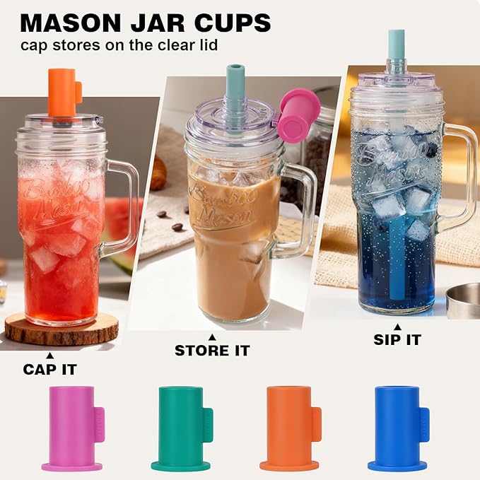 Anotion Mason Jar Cups with Lids and Straw, Leakproof 24oz Glass Tumbler with Handle, Leak-Proof Dustproof Cap, Self-Assembly Silicone Straw, Reusable Iced Coffee Matcha Cup Coffee Gifts for Women 4pc
