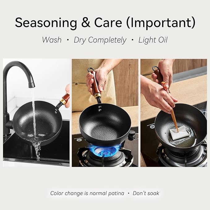 Carbon Steel Wok Pan with Wooden Lid, 7.8-Inch (1.6QT) Small Wok, Cold-Forged Flat Bottom Stir Fry Pan, Coating-Free, Induction Ready, for Eggs, Ramen, Soup & Oatmeal