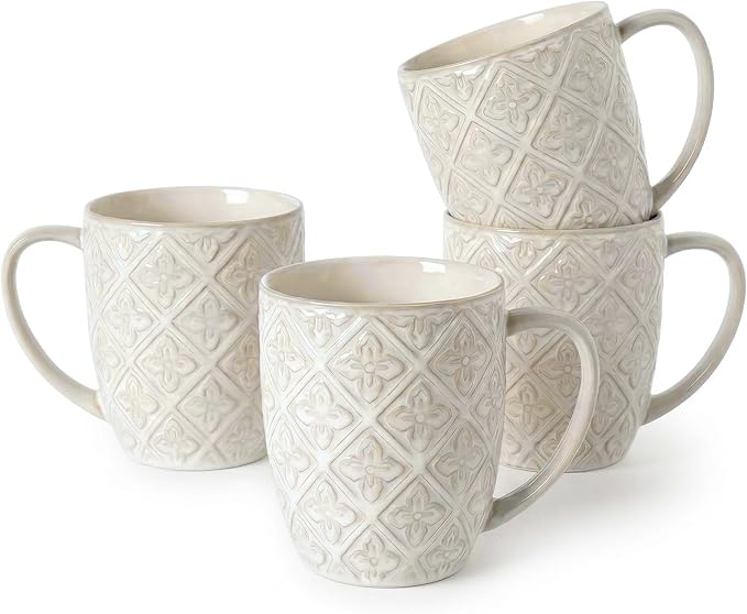 Coffee Mugs 16 Oz, Ceramic Coffee Mugs Set of 4, Large Embossment Cups for Latte, Cocoa, Tea, Mocha, Cappuccino, Dishwasher Safe, Housewarming Wedding Gifts, 3.5 x 4.5 inch, Vintage White