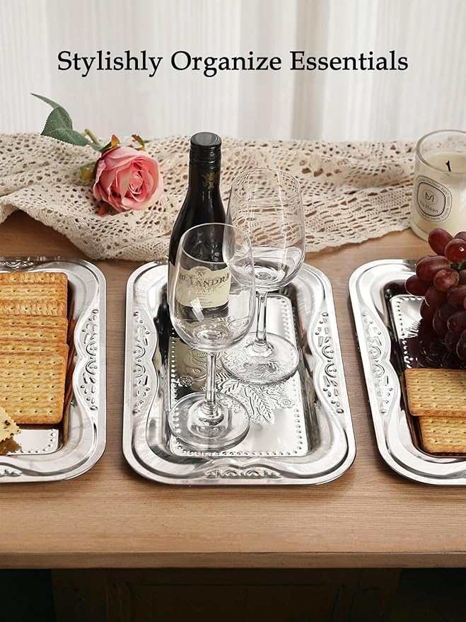 4-Pack Small Silver Serving Trays Set - ZENOVLUX Lightweight Bow Floral Engraved Mirror Decorative Tray, 11.4" x 7" Party Platters for Easter, Food, Appetizer, Charcuterie, Cookies, Desserts