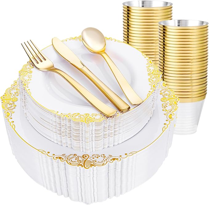 Hioasis 300pcs White and Gold Plastic Plates - Disposable Dinnerware Set Suitable for 50 Guests Include 10.25" Dinner & 7.5" Dessert Plates,Silverware Set, Cups for Wedding(NO Napkins Included)