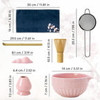 Matcha Whisk Set, Ceramic & Pink Matcha Set with Bowl, Bamboo Whisk, Scoop, Strainer, Scoop Rest, Holder, Cloth + Instruction Handbook – Traditional Japanese Tea Ceremony Kit