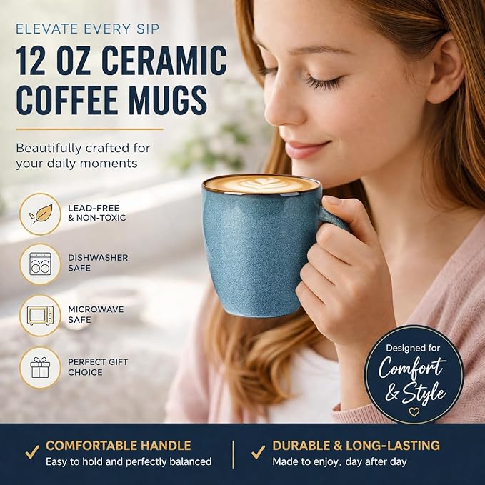 GBHOME Ceramic Coffee Mugs Set of 4, 12oz Stoneware Coffee Mugs Set For Dad Mom Women MEN, Light Weight Ceramic Coffee Cups for Latte/Tea/Beer/Hot Cocoa, Dishwasher & Microwave Safe