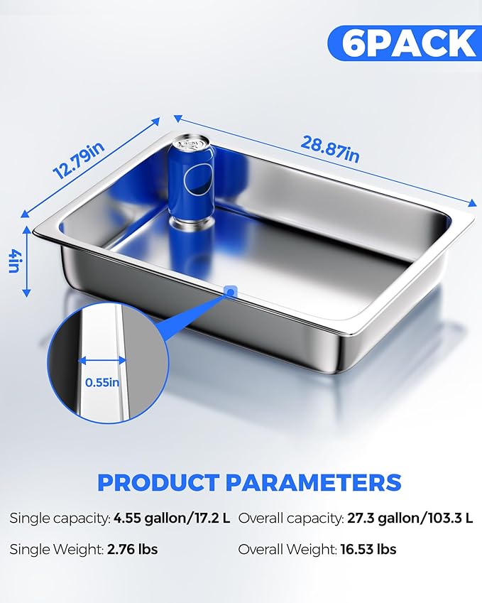 WantJoin Steam Table Hotel Pans - 1/1 Full Size 4 Inch Deep 6 Pack, Stainless Steel Food Storage Container Metal Tray Sets for Commercial Chafing Dishes Restaurant Buffet Catering Supplies