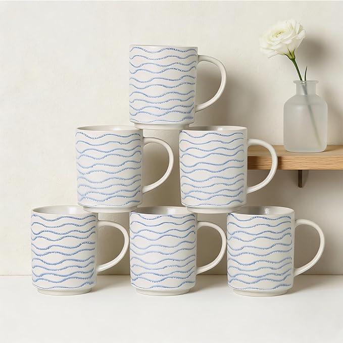 Ceramic Mugs Set of 6, 17oz Coffee Mugs with Handpainted Blue Stripe Pattern, Modern Stackable Coffee Cups, Dishwasher and Microwave Safe Mugs for Coffee, Tea, Milk