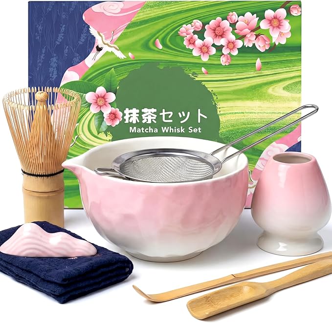 8 Pcs Matcha Whisk Set, Complete Ceramic Matcha Set Includes Bowl & Holder, Whisk, Scoop, Spoon, Tea Towel and Stainless Steel Sifter, Perfect Kit for Matcha Lovers (Pink)