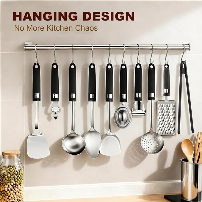 46Pcs 18/8 Stainless Steel Kitchen Utensils Set, Stainless Steel Cooking Utensils, Complete Tools with Metal Kitchen Gadgets for Beginner Cooks, Apartment Dwellers, Homemakers, Dishwasher Safe