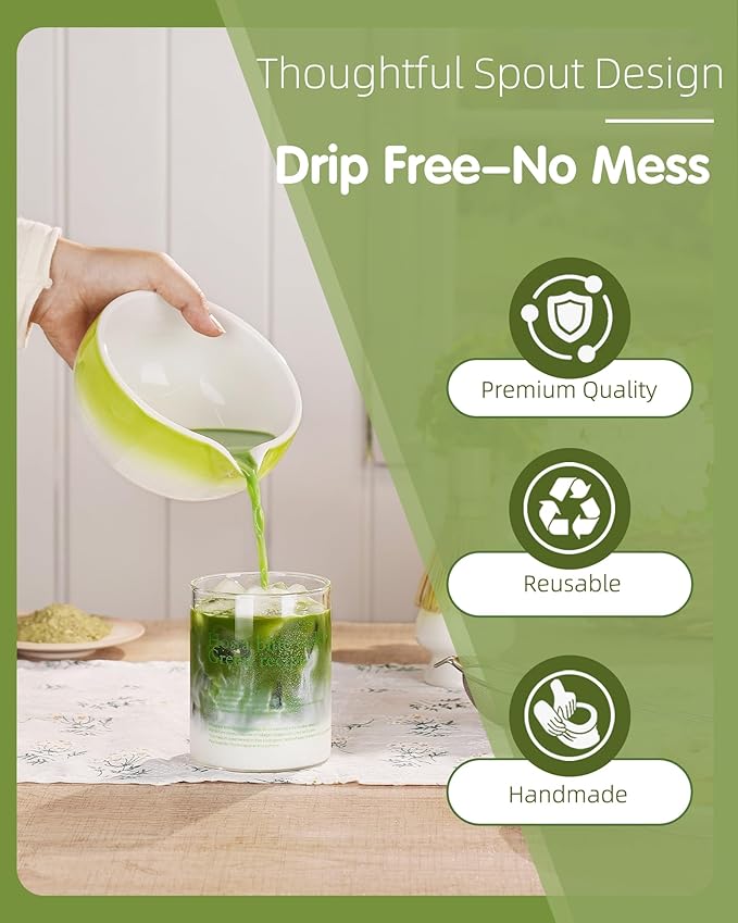 ZENS Matcha Whisk Set, 5pcs Matcah Kit Includes Ceramic Bowl with Spout, Handcrafted Bamboo Whisk, (Chasen) Holder, Scoop & Tea Mat, Matcha Set Gift for Tea Ceremony, Green