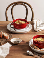 LE TAUCI Soup Bowls with Handles - 22 oz Lead-Free Ceramic French Onion Crocks, Oven and Microwave Safe, Heat-Resistant Design, Stackable, Dishwasher Safe, Set of 4, Red