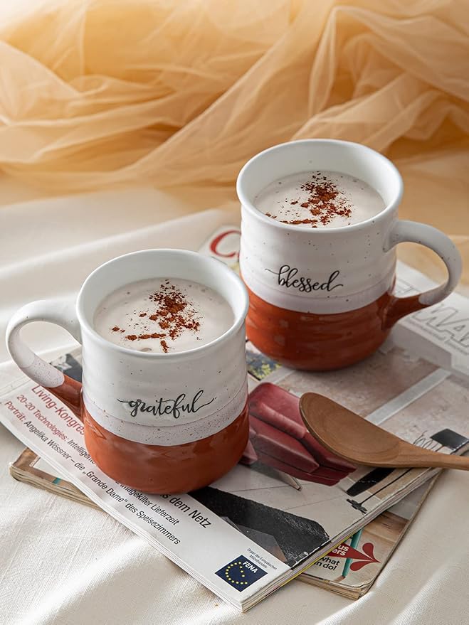 DOWAN 18 oz Large Coffee Mugs, Ceramic Mug Set with Word Blessed Grateful, Big Tea Cup for Office & Home, Thank You Gift for Women Men Mom Dad Christian, 2 Pcs