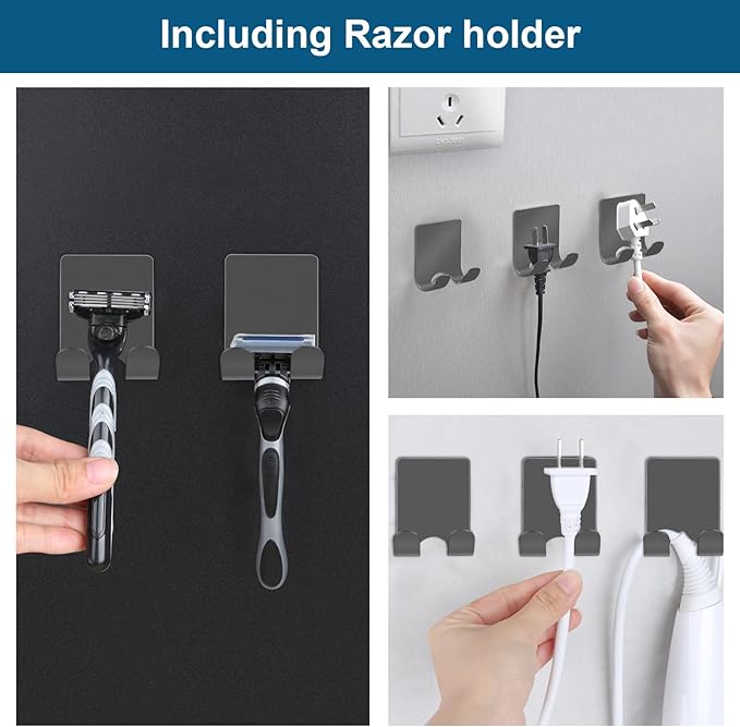 Diesisa Razor Holder 304 Stainless Steel for Shower + Adhesive Sticky Heavy Duty Waterproof Wall Hooks, Premium for Hanging Towels, Coat, hat (2+2 Pack) - Grey