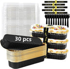 Mini Loaf Pans with Lids and Spoons Sealing Sticker,30 Pcs 6.8oz Cake Pans for Baking Disposable Aluminum Foil Red cake pan (30 PCS Black Gold)