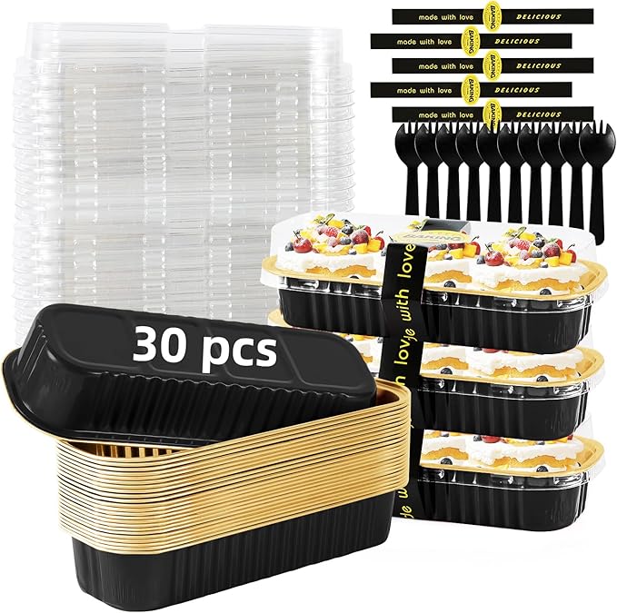 Mini Loaf Pans with Lids and Spoons Sealing Sticker,30 Pcs 6.8oz Cake Pans for Baking Disposable Aluminum Foil Red cake pan (30 PCS Black Gold)