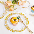 WELLIFE 100 Guests Dinnerware Sets, Gold Plastic Plates, Platos Para Fiestas Elegantes Desechables Include:100 Dinner Plates,100 Dessert Plate,400 Pcs Gold Plastic Silverware, 100 Cups for Party